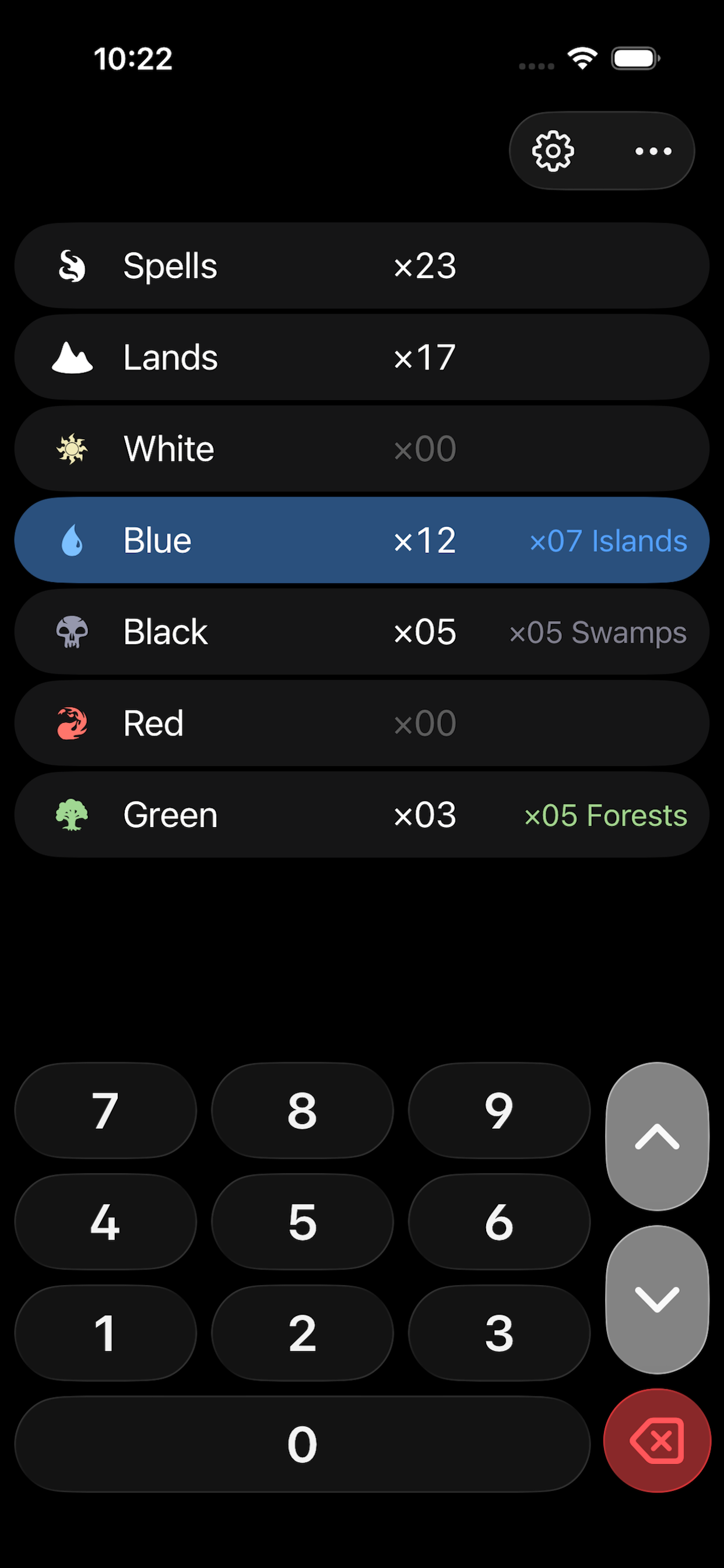 MTG Land Calculator app showing land calculations for a blue-black-green deck